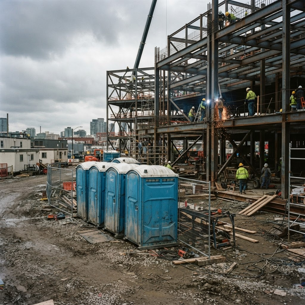 Portable toilets placed on an active Birmingham construction site